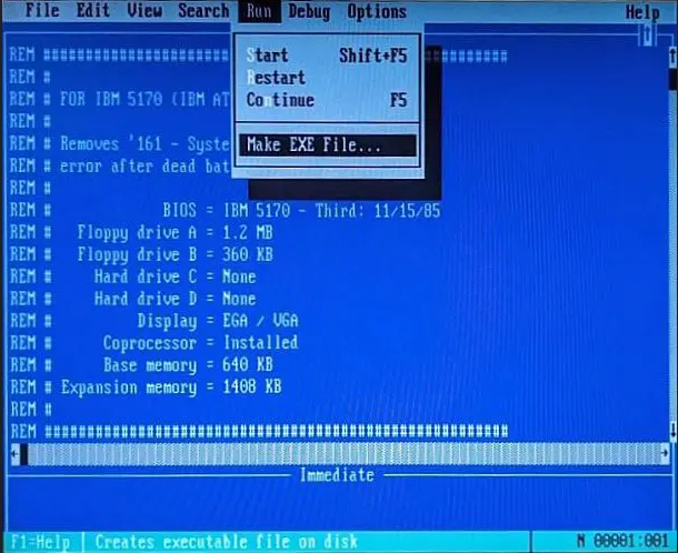 The QBasic editor with the Run menu open