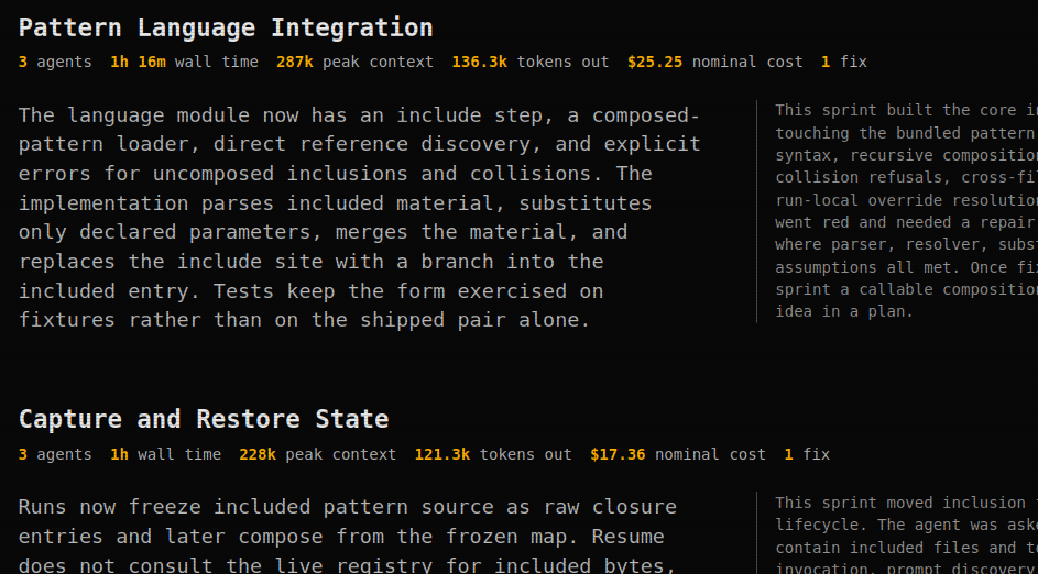 Two sprints on a replay page, each with its agent count, wall time, peak context etc